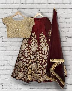 Maroon Embroidered Velvet Silk Party Wear Semi Stitched Lehenga