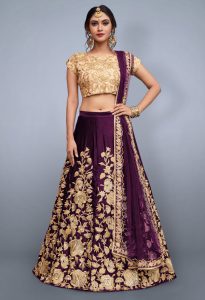 Purple Embroidered Velvet Silk Party Wear Semi Stitched Lehenga