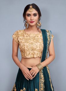 Rama Green Embroidered Velvet Silk Party Wear Semi Stitched Lehenga