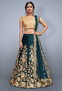 Rama Green Embroidered Velvet Silk Party Wear Semi Stitched Lehenga