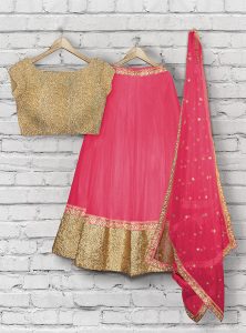 Peach Embroidered Soft Net Party Wear Semi Stitched Lehenga