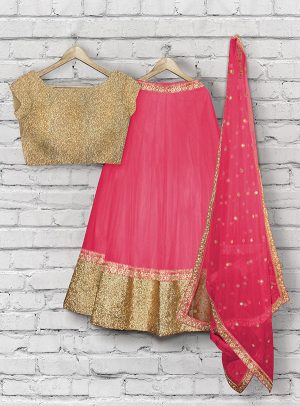 Peach Embroidered Soft Net Party Wear Semi Stitched Lehenga