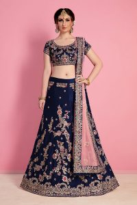 Navy Blue Embroidered Velvet Silk Party Wear Semi Stitched Lehenga