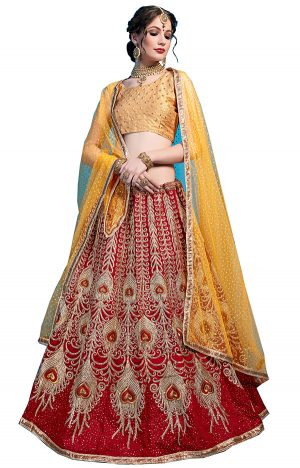 Maroon Embroidered Art Silk Party Wear Semi Stitched Lehenga