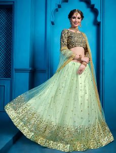 Sea Green Embroidered Soft Net Party Wear Semi Stitched Lehenga