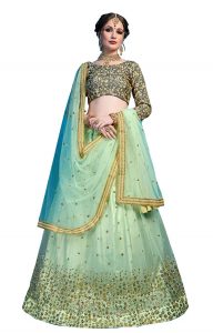 Sea Green Embroidered Soft Net Party Wear Semi Stitched Lehenga