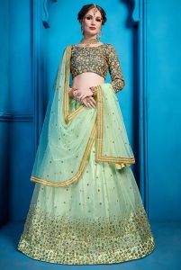 Sea Green Embroidered Soft Net Party Wear Semi Stitched Lehenga