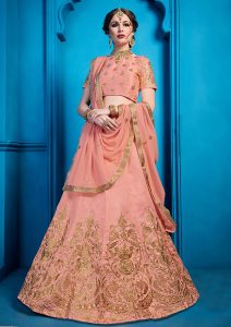 Peach Embroidered Art Silk Party Wear Semi Stitched Lehenga