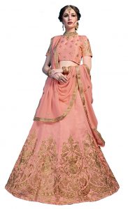 Peach Embroidered Art Silk Party Wear Semi Stitched Lehenga