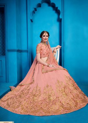 Peach Embroidered Art Silk Party Wear Semi Stitched Lehenga