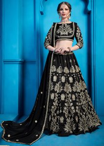 Black Embroidered Art Silk Party Wear Semi Stitched Lehenga