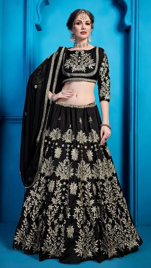 Black Embroidered Art Silk Party Wear Semi Stitched Lehenga