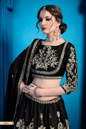 Black Embroidered Art Silk Party Wear Semi Stitched Lehenga