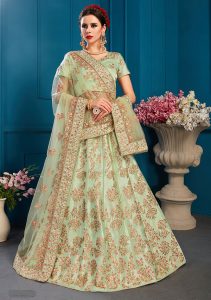 Pista Embroidered Satin Party Wear Semi Stitched Lehenga