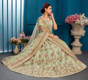 Pista Embroidered Satin Party Wear Semi Stitched Lehenga