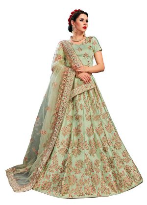 Pista Embroidered Satin Party Wear Semi Stitched Lehenga