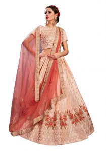 Peach Embroidered Satin Party Wear Semi Stitched Lehenga