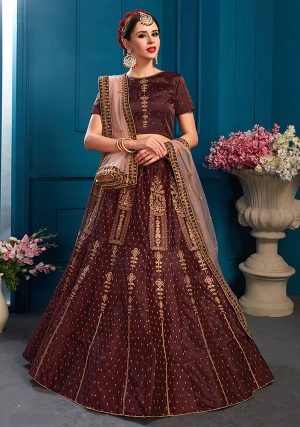 Brown Embroidered Satin Party Wear Semi Stitched Lehenga