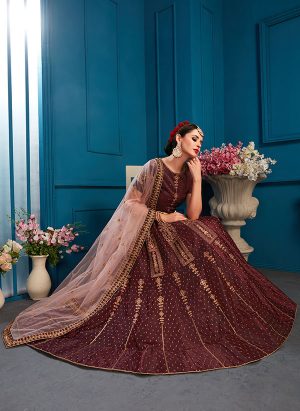 Brown Embroidered Satin Party Wear Semi Stitched Lehenga