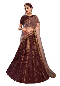 Brown Embroidered Satin Party Wear Semi Stitched Lehenga