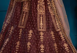 Brown Embroidered Satin Party Wear Semi Stitched Lehenga