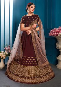 Brown Embroidered Satin Party Wear Semi Stitched Lehenga