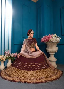 Brown Embroidered Satin Party Wear Semi Stitched Lehenga