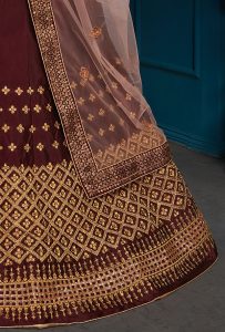 Brown Embroidered Satin Party Wear Semi Stitched Lehenga