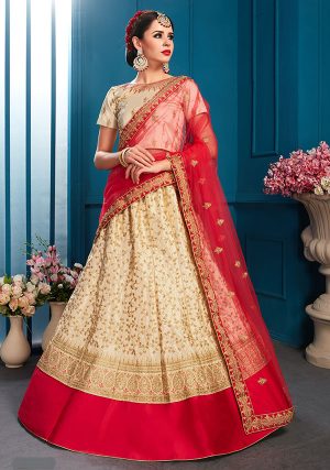 Beige Embroidered Satin Party Wear Semi Stitched Lehenga