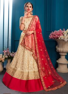 Beige Embroidered Satin Party Wear Semi Stitched Lehenga