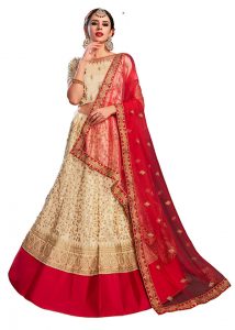 Beige Embroidered Satin Party Wear Semi Stitched Lehenga