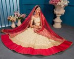 Beige Embroidered Satin Party Wear Semi Stitched Lehenga