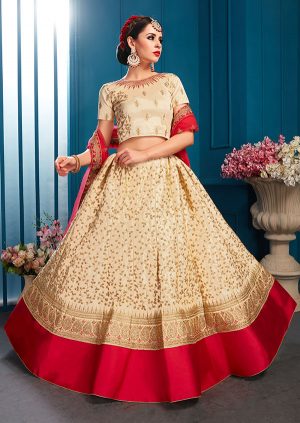 Beige Embroidered Satin Party Wear Semi Stitched Lehenga