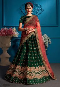 Green Embroidered Satin Party Wear Semi Stitched Lehenga