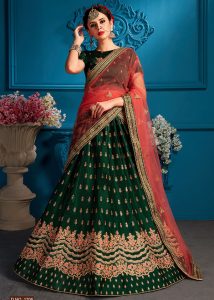 Green Embroidered Satin Party Wear Semi Stitched Lehenga