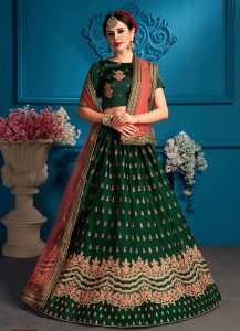 Green Embroidered Satin Party Wear Semi Stitched Lehenga