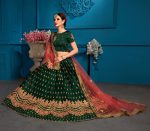 Green Embroidered Satin Party Wear Semi Stitched Lehenga