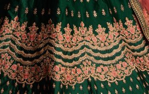 Green Embroidered Satin Party Wear Semi Stitched Lehenga