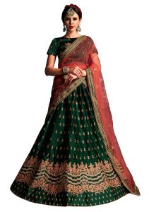 Green Embroidered Satin Party Wear Semi Stitched Lehenga