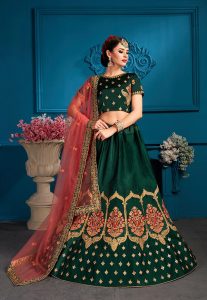 Green Embroidered Satin Party Wear Semi Stitched Lehenga