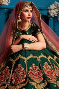 Green Embroidered Satin Party Wear Semi Stitched Lehenga