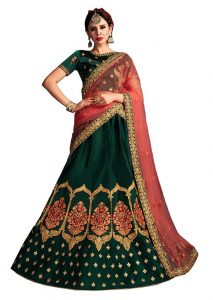 Green Embroidered Satin Party Wear Semi Stitched Lehenga