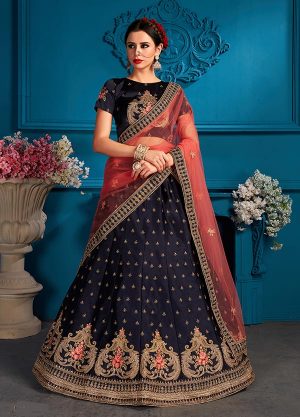 Navy Blue Embroidered Satin Party Wear Semi Stitched Lehenga