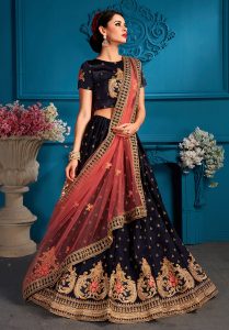 Navy Blue Embroidered Satin Party Wear Semi Stitched Lehenga