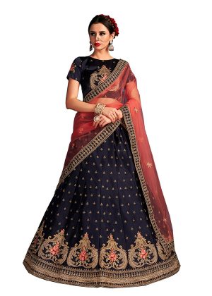 Navy Blue Embroidered Satin Party Wear Semi Stitched Lehenga