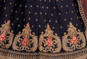 Navy Blue Embroidered Satin Party Wear Semi Stitched Lehenga