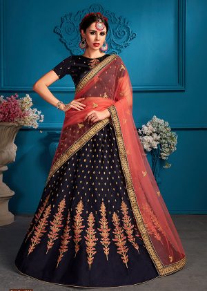 Navy Blue Embroidered Satin Party Wear Semi Stitched Lehenga