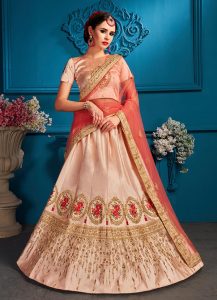 Peach Embroidered Satin Party Wear Semi Stitched Lehenga