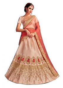 Peach Embroidered Satin Party Wear Semi Stitched Lehenga