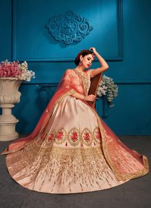 Peach Embroidered Satin Party Wear Semi Stitched Lehenga